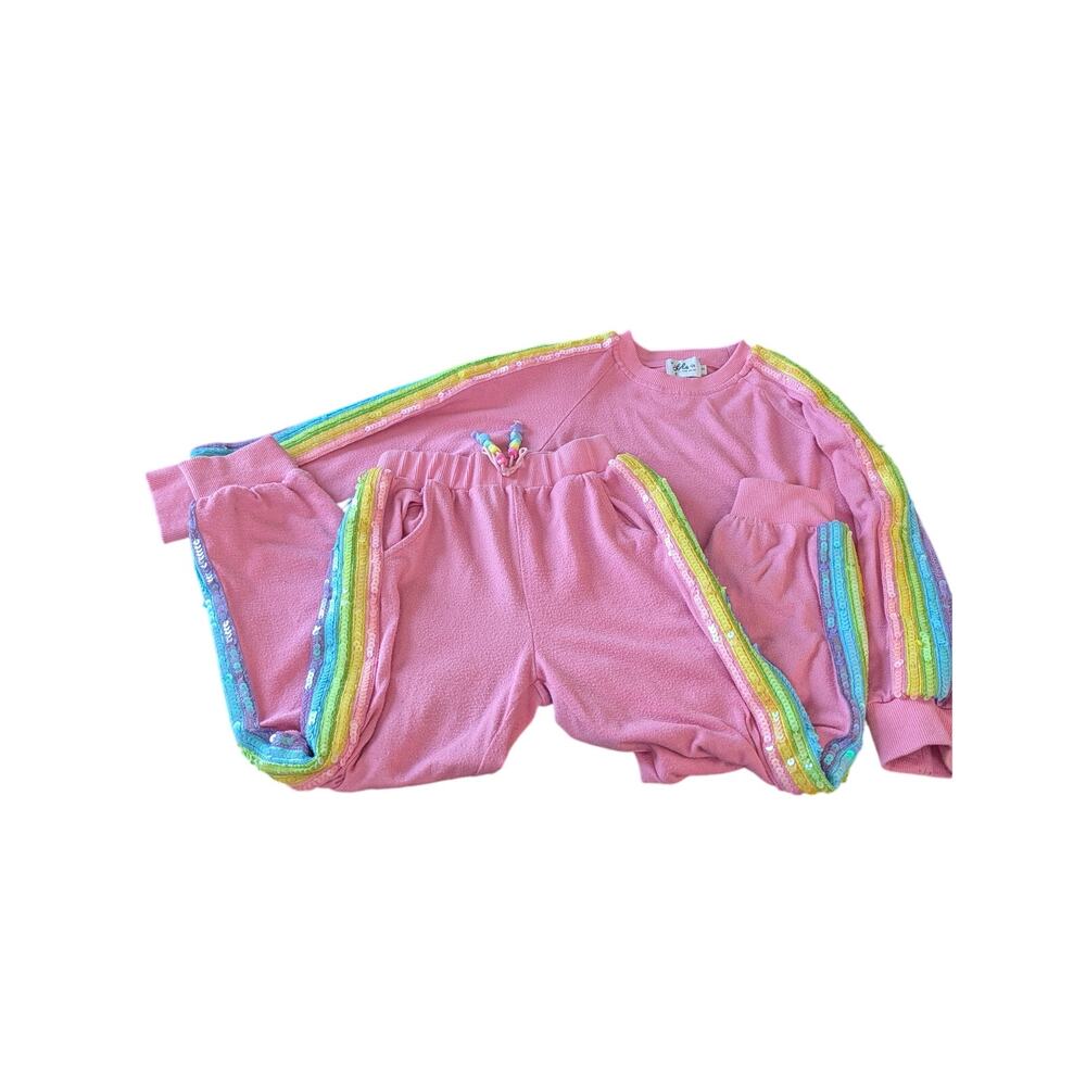 Lola + The Boys Girls Pink Rainbow Sequin Lounge Set Sweatshirt Joggers Size 8